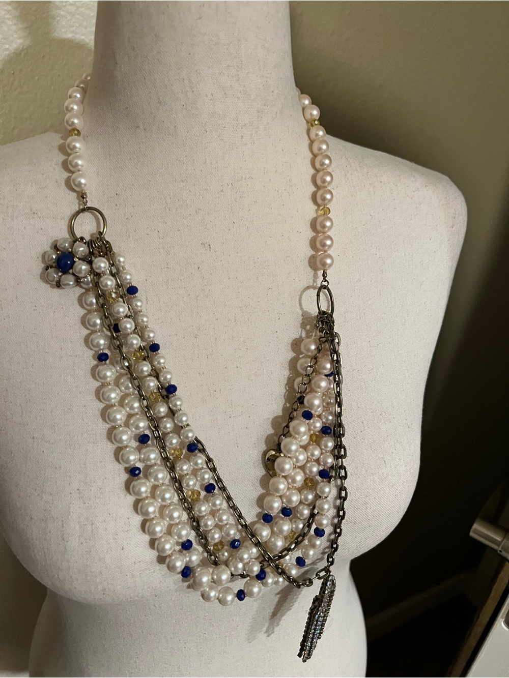Betsey Johnson Pearl Multi-Strand Necklace with Navy and Gold Accents